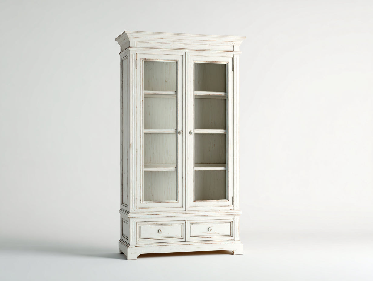 Vetrina-legno-vetro-96x40x198 cm-bianco decapato-classico