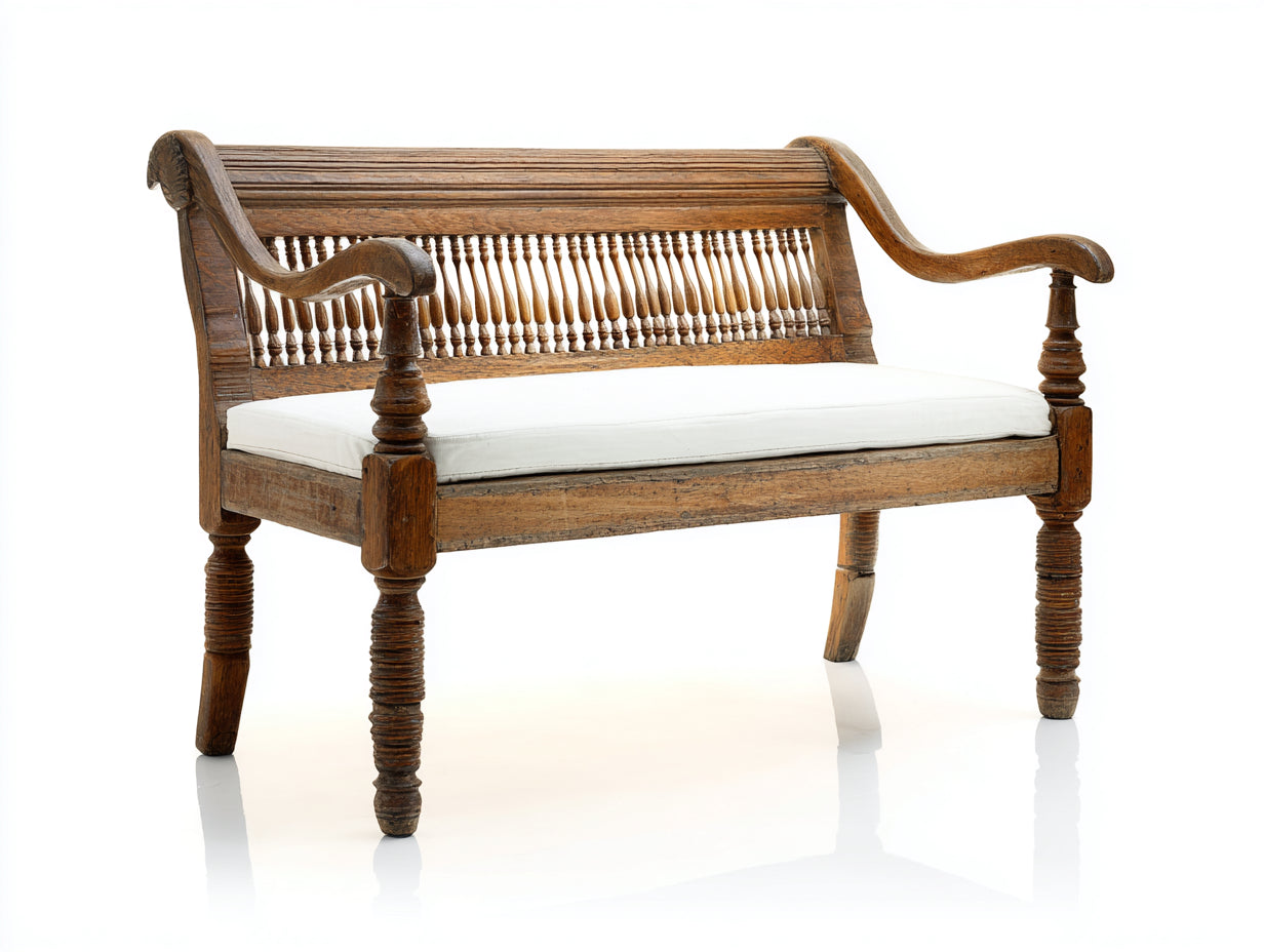 Panche da giardino - legno-tessuto - 162x57x91 cm - marrone anticato-bianco - stile vintage tornito