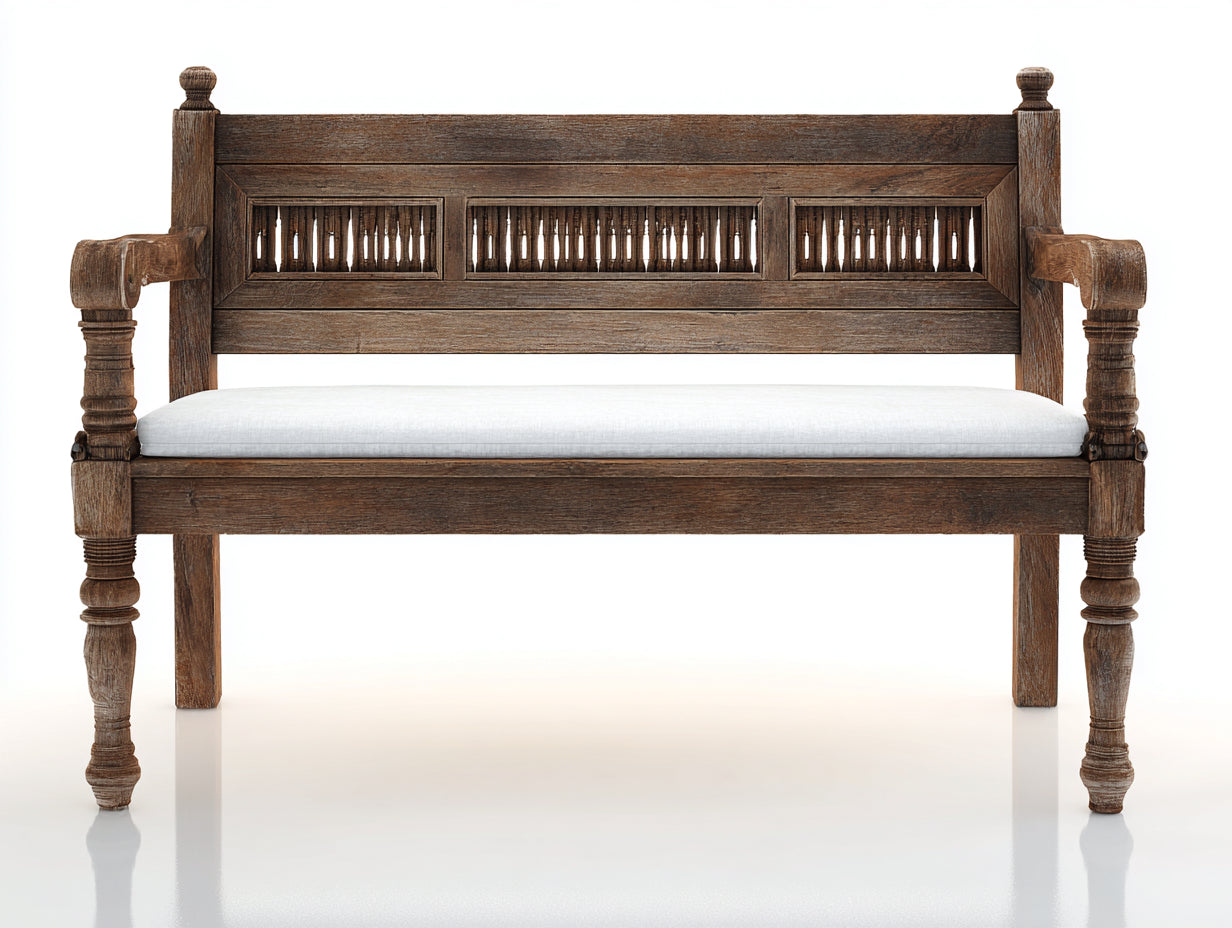 Panche da giardino - legno-tessuto - 156x58x96 cm - marrone antico-bianco - stile tradizionale intagliato