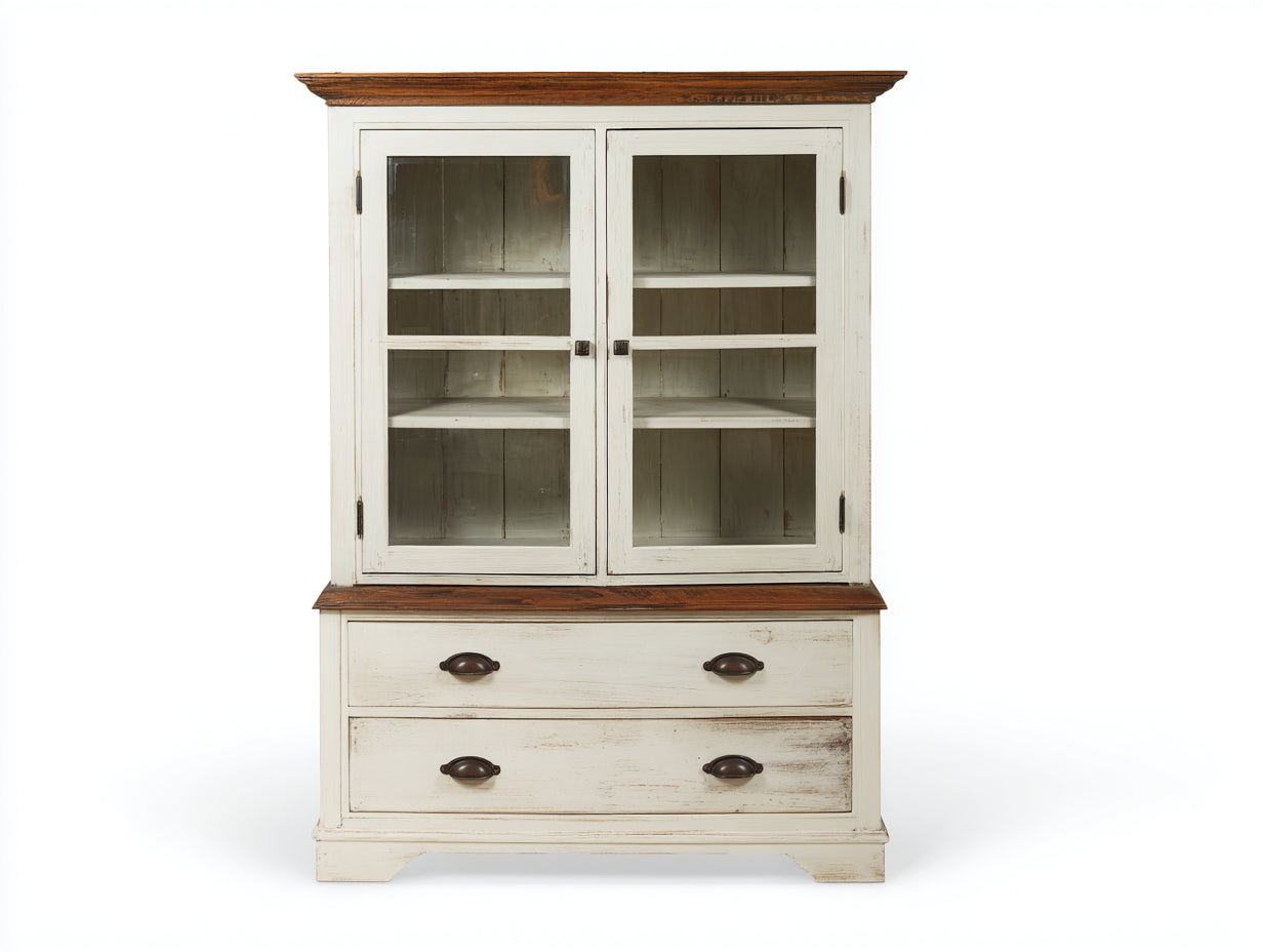 Vetrina-legno-vetro-105x45x195 cm-bianco anticato-noce-rustico