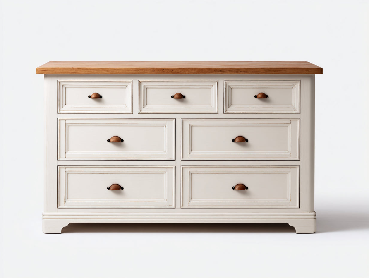 Cassettiera-Legno-MDF-141x45x84 cm-Bianco antico-Rovere naturale-Classico
