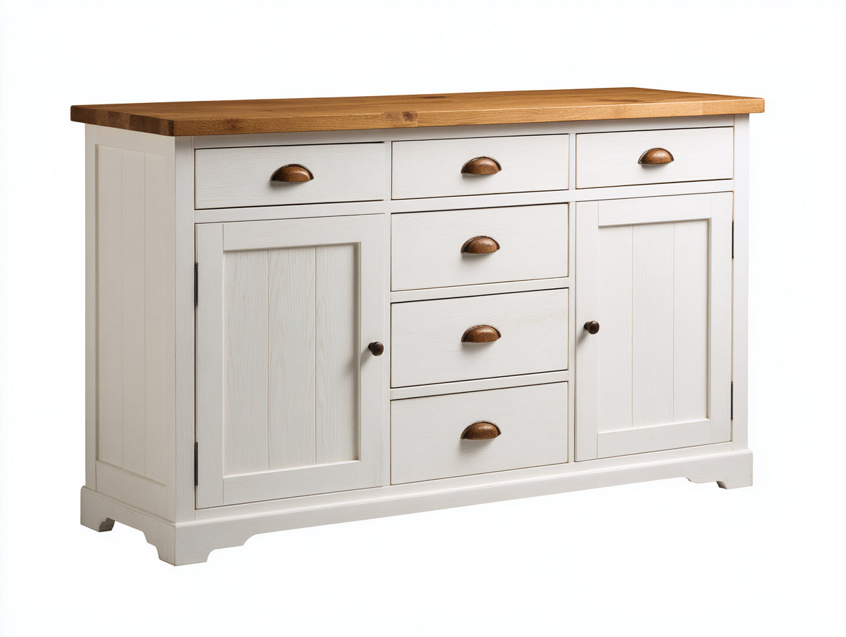 Cassettiera-Legno-MDF-144x47x86 cm-Bianco antico-Rovere naturale-Rustico