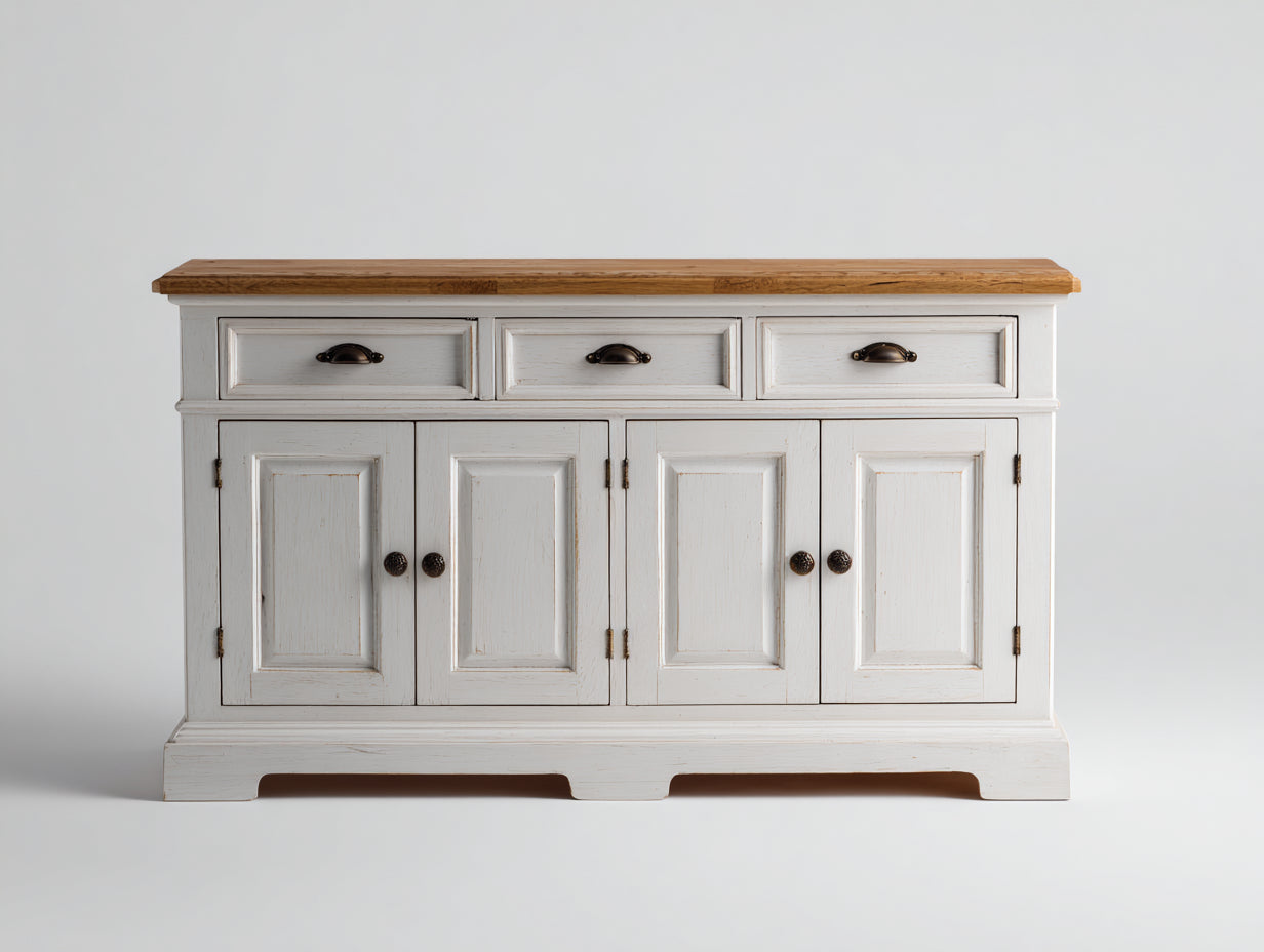 Cassettiera-Legno-MDF-142x46x85 cm-Bianco antico-Rovere naturale-Rustico